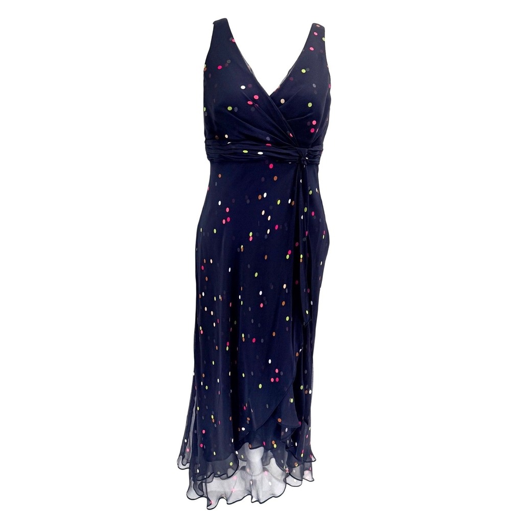 Anne Klein Midi Dress 6 Silk Polka Dot Faux Wrap Whimsigoth Y2K Practical Magic